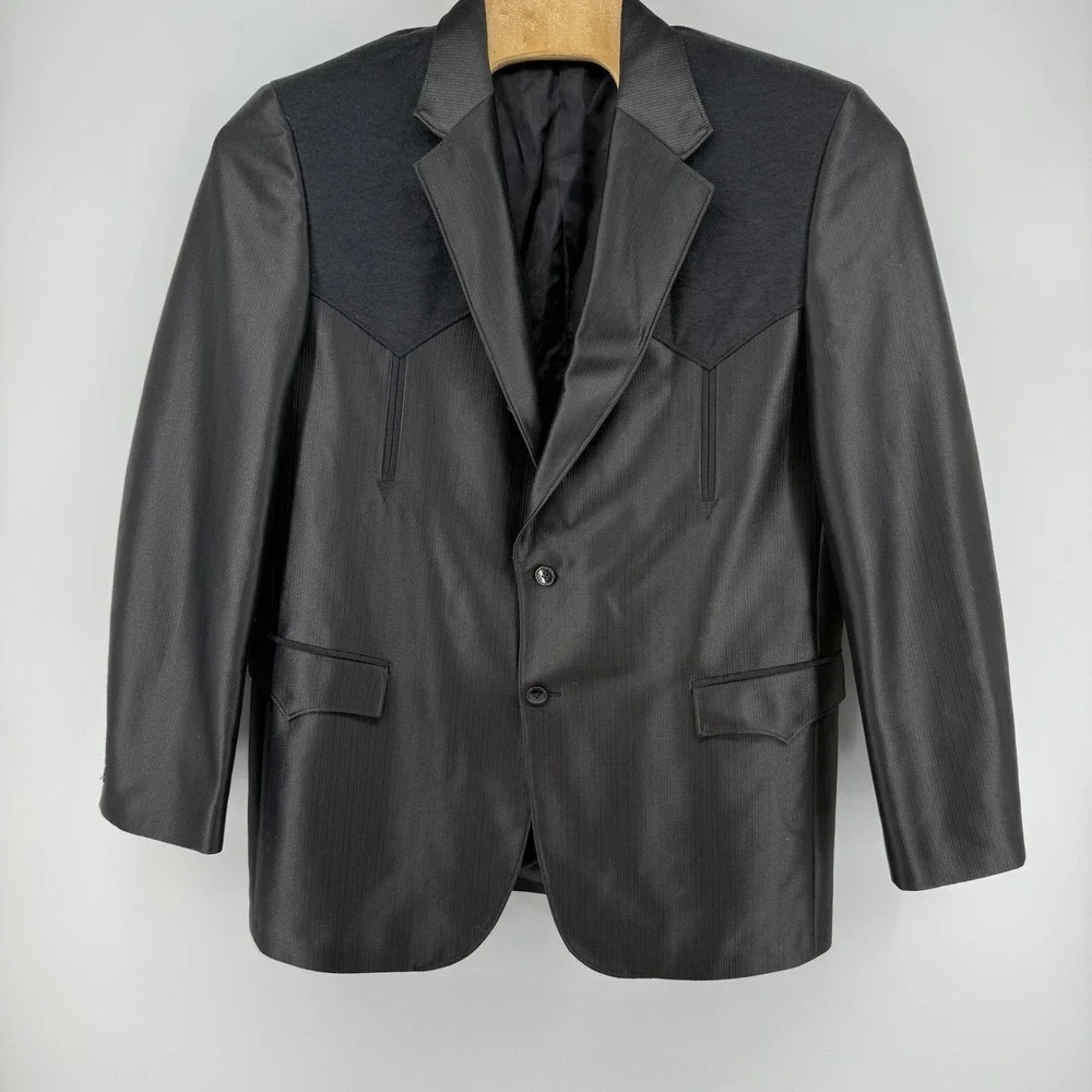 Circle S Texas Western Blazer Men 46L Black Textured Contrast‎ Yoke Sport Coat